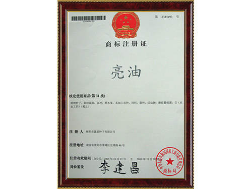 “亮油”商標注冊證 “亮油”商標注冊證